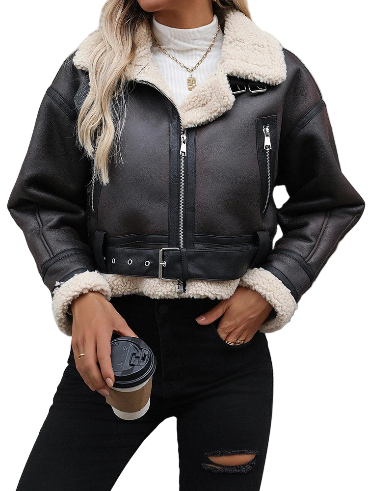 Veste en fourrure d'agneau en faux cuir pour femme