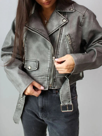 veste en Faux cuir Pu pour femme, Streetwear, rétro, court, fermeture éclair, ceinture