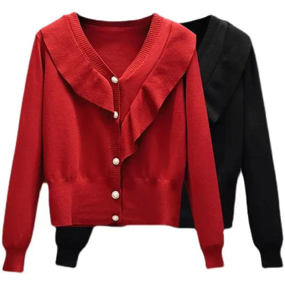 Cardigan à volants et col en v, pull à volants pour femmes