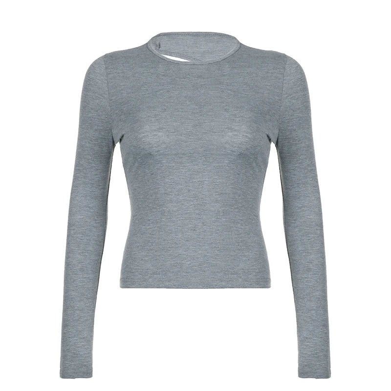 T-shirt décontracté à manches longues, couleur unie, ajouré, Streetwear, Slim, haut cour pour femmes