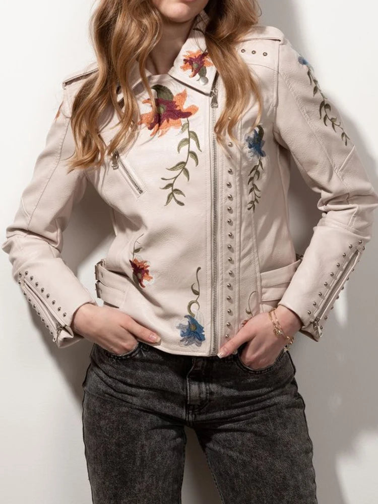 Veste vintage imprimé fleuri broderie Faux cuir pour femmes