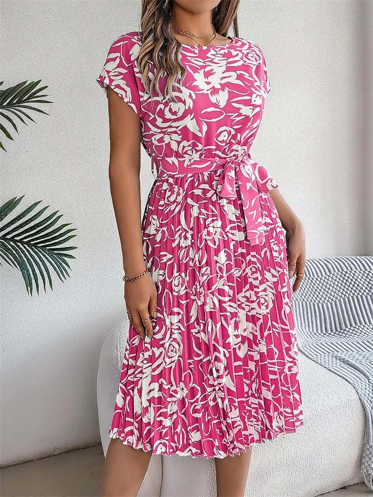 Robe longue décontractée à manches courtes pour femmes, col rond, à lacets, motif Floral plissé