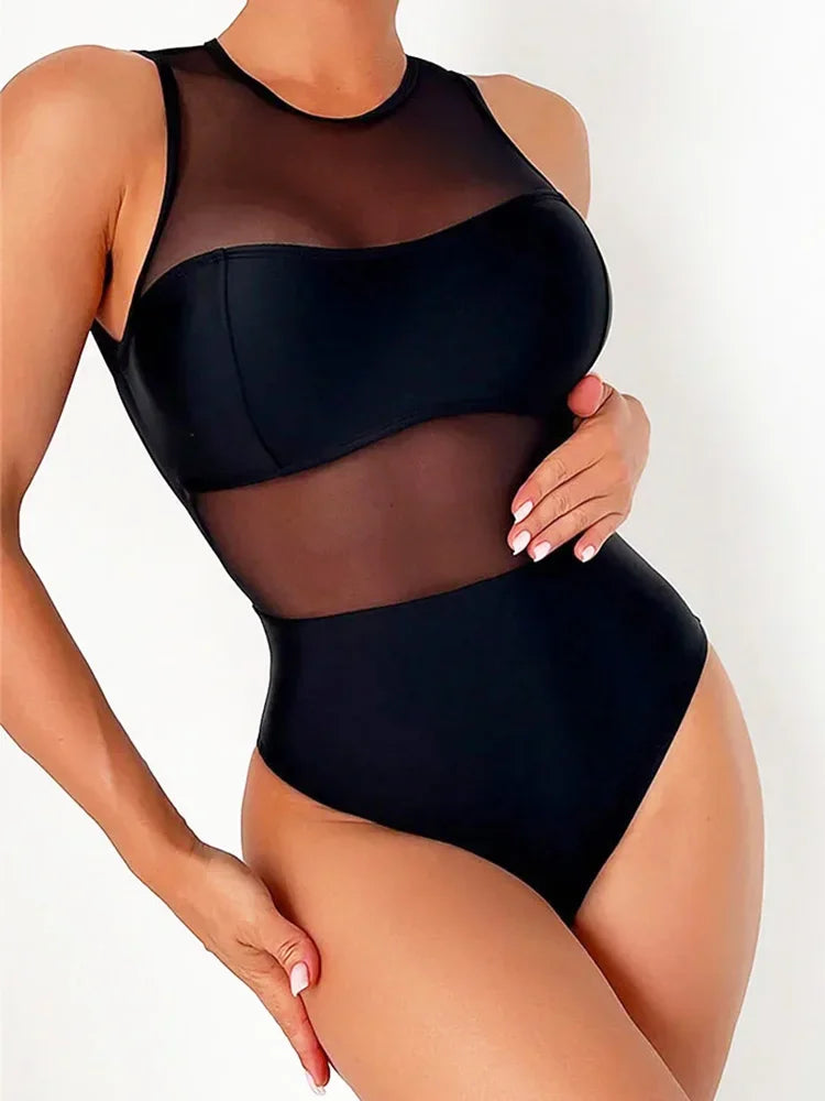 Maillot de bain une pièce sexy en maille noire transparente pour femme, monokini dos nu