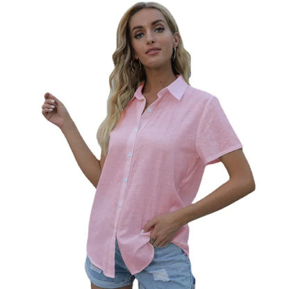 Chemise en coton et lin surdimensionné pour femmes à boutons, couleur unie, décontractée à manches courtes