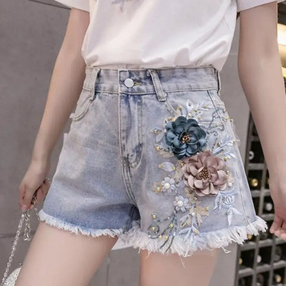 Short en jean pour femme, coupe ample, slim, taille haute, perforé