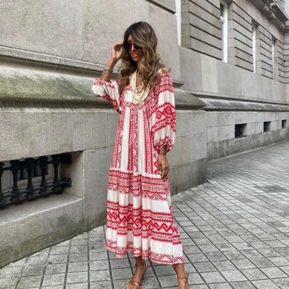 Robe longue à volants pour femmes, imprimé floral, style boho, col en v, manches bouffantes