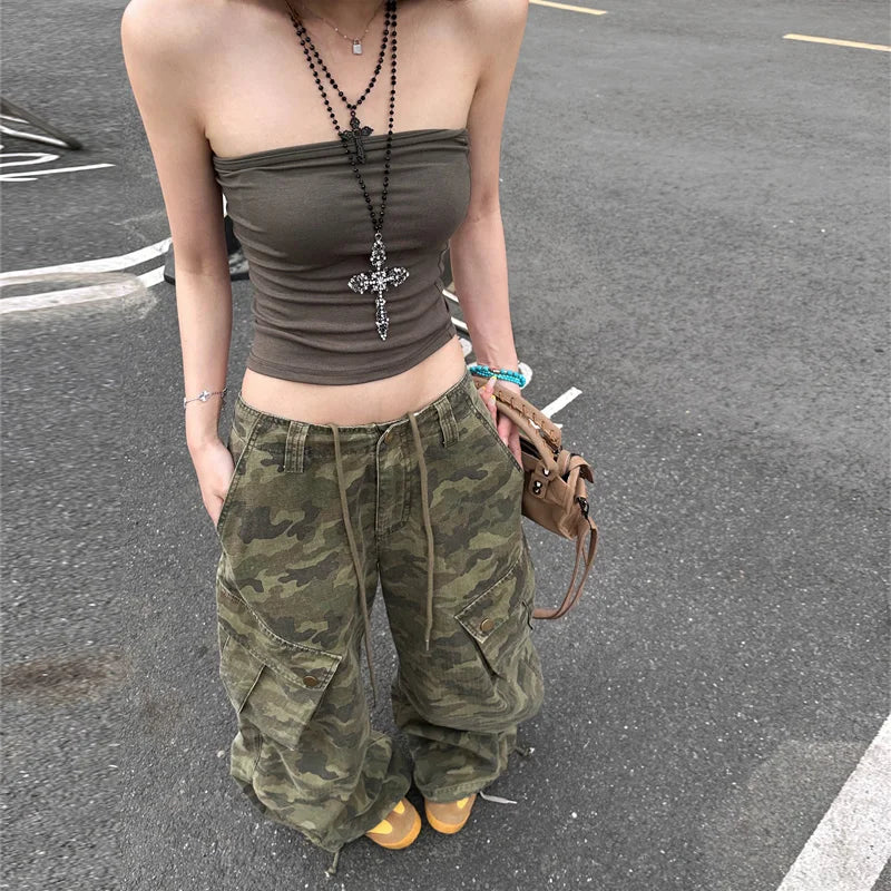 Pantalon cargo en denim à cordon de serrage imprimé camouflage pour femmes
