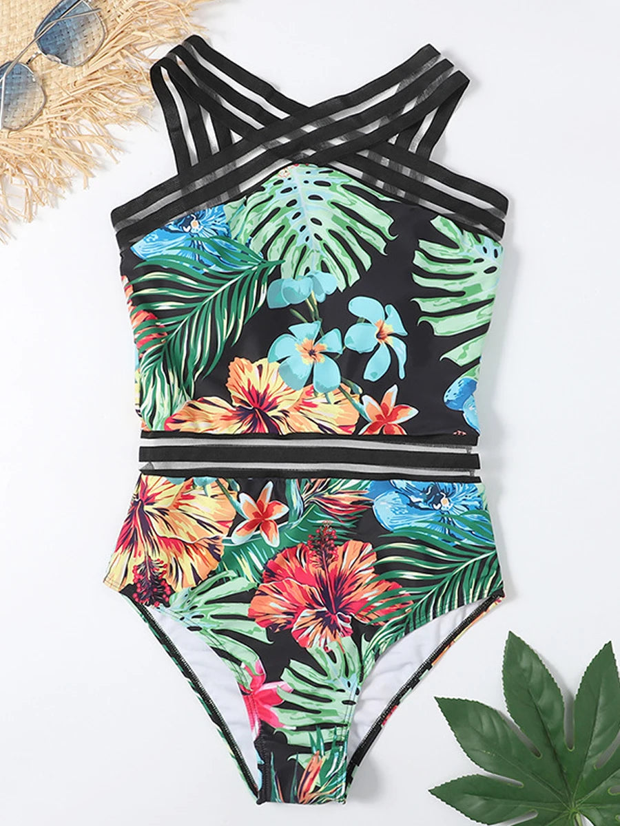 Maillot de bain une pièce en maille, imprimé Floral Tropical, Sexy, pour femmes