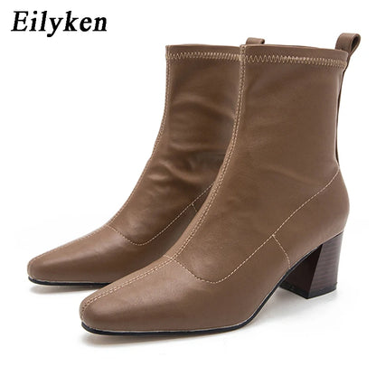 Bottines pour femmes en cuir PU souple pour femme talons carrés