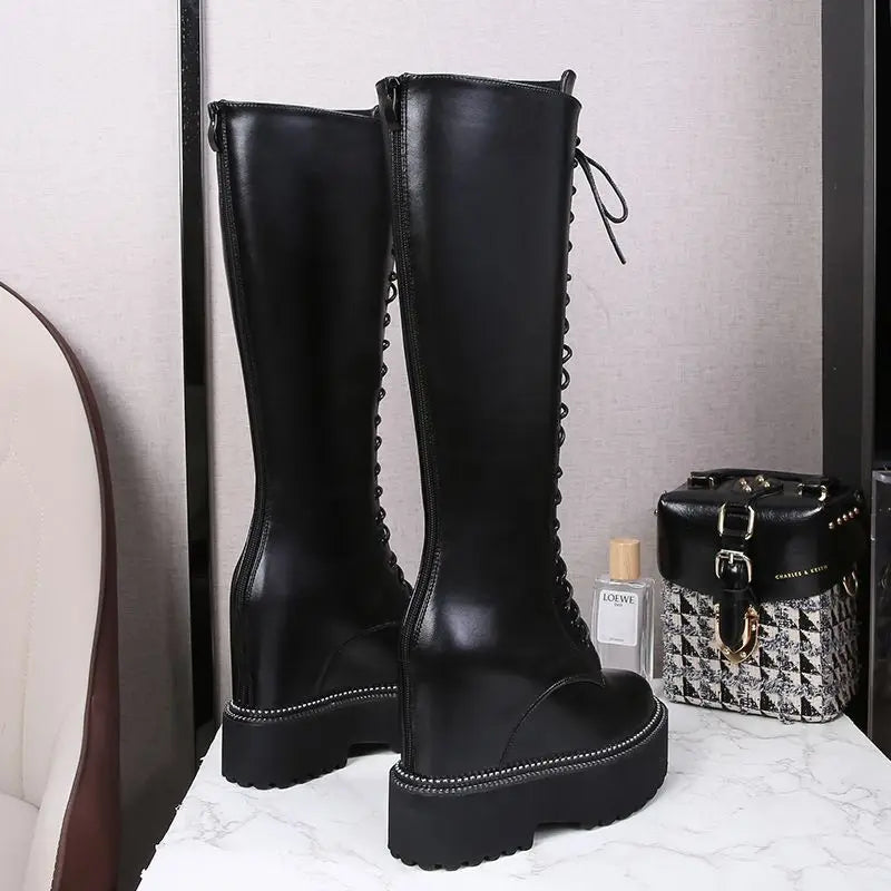 Bottes hautes en cuir et microcarence pour femme, 12cm, semelle compensée, peluche, fermeture éclair