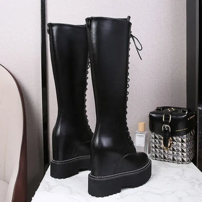 Bottes hautes en cuir et microcarence pour femme, 12cm, semelle compensée, peluche, fermeture éclair