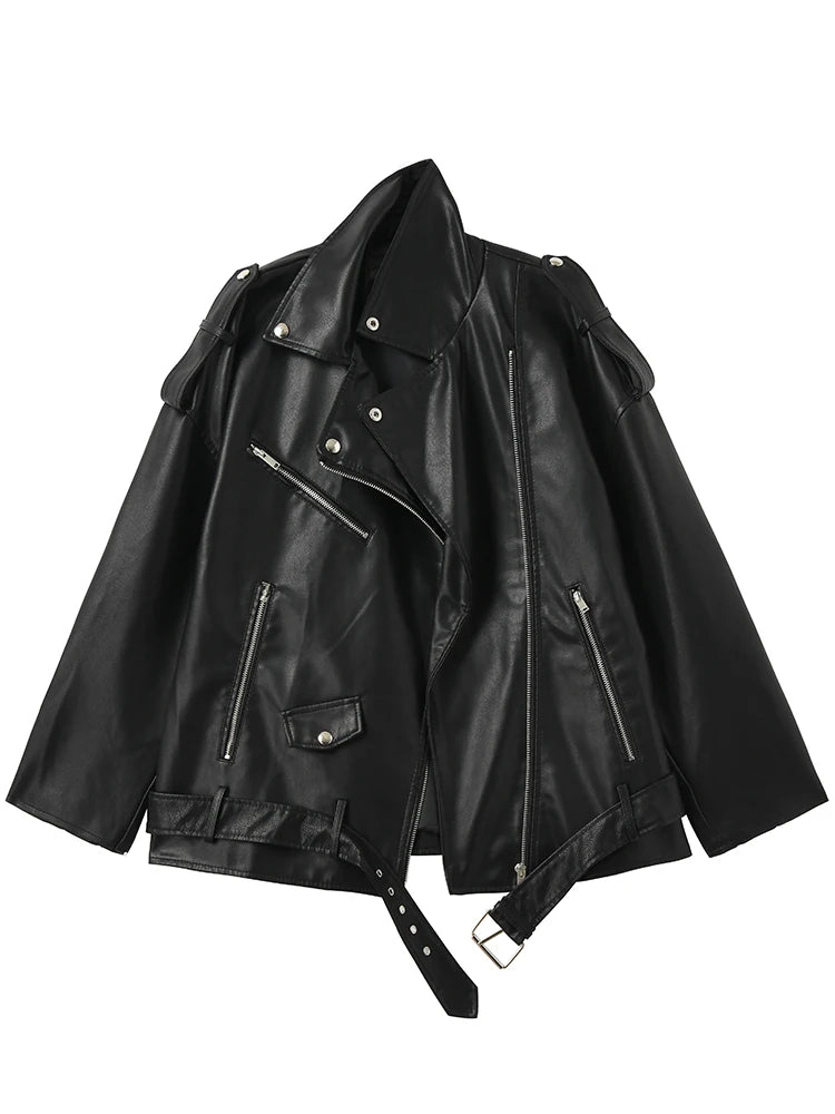 Veste avec ceinture ample fermeture éclair en Faux cuir pour femmes