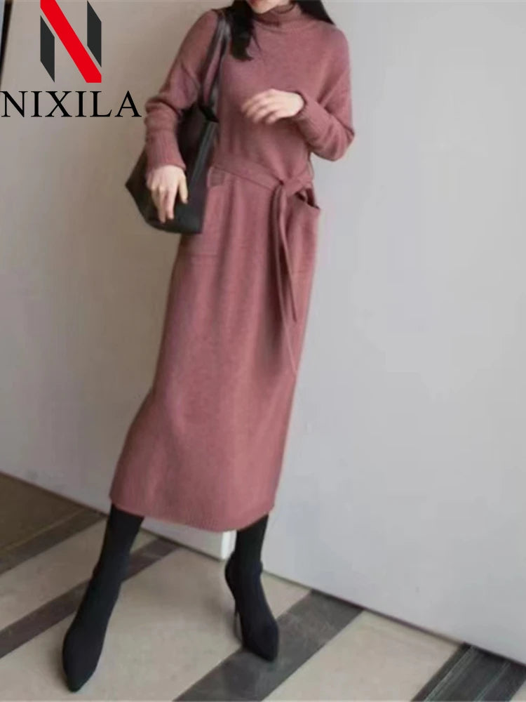 Robe à col roulé pour femme, pull tricoté