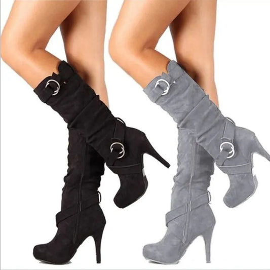 Bottes hautes en cuir Pu pour femmes, chaussures Sexy à talons hauts et fins, bout rond