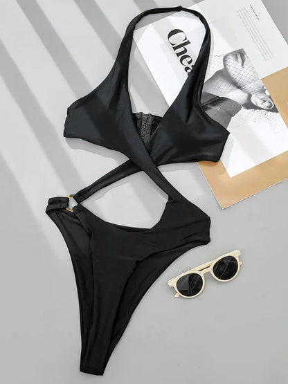 Maillot de bain une pièce, sexy, échancré, col licou, bandage croisé, monokini, pour femmes