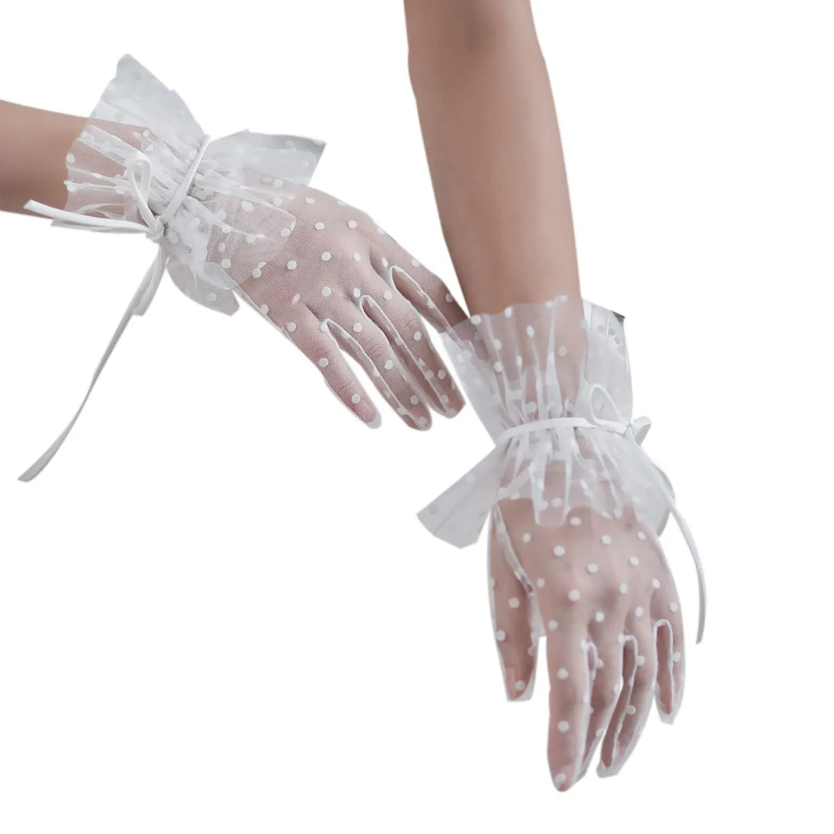 Gants courts en tulle à pois pour femmes, blancs, bord à volants, nœud de ruban