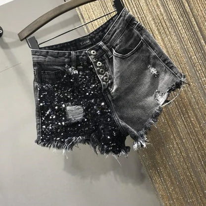 Short en jean à paillettes pour femmes, taille haute, grande taille, trou