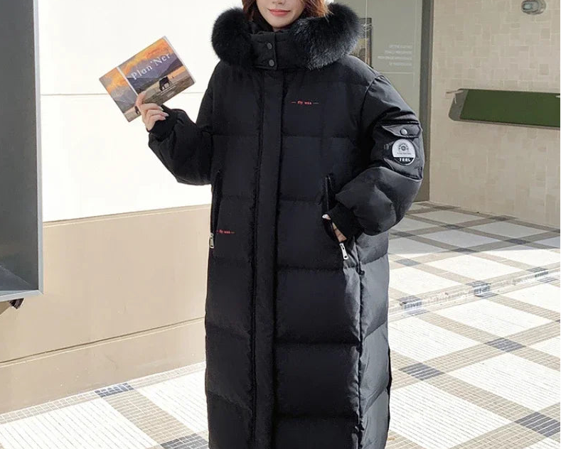 Doudoune extra épaisse avec col en fourrure de renard pour femme