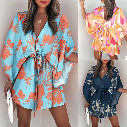 Mini robes pour les femmes peint col en v manches volantes