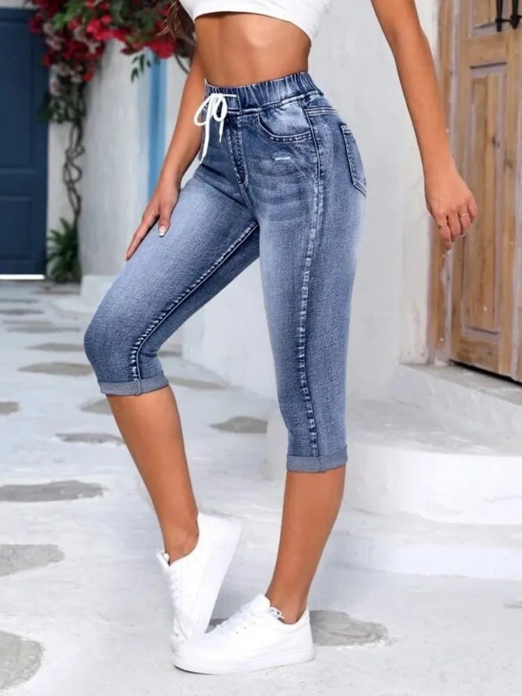 Jean en Denim à Taille élastique pour Femme, Pantalon Crayon, Slim, Longueur Mollet