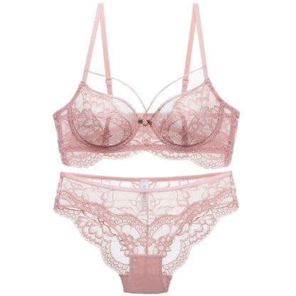 Ensemble Soutien-Gorge et Culotte en Dentelle Transparente pour Femme