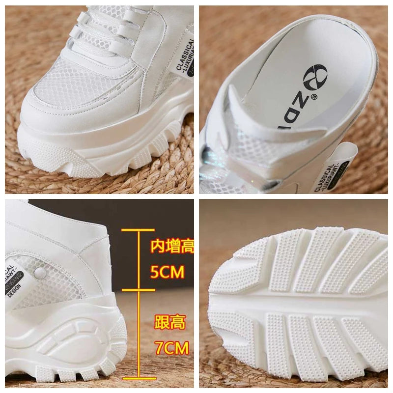 Baskets à compensée en cuir véritable pour femme