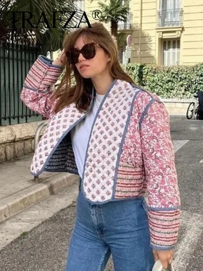 Manteau réversible imprimé vintage pour femme, coton rembourré, manches longues, à lacets