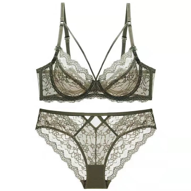 Ensemble soutien-gorge et culotte vert pour femme, ultra-fins, soutien-gorge transparent