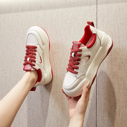 baskets respirantes en cuir véritable pour femme, chaussures à semelle compensée 6cm