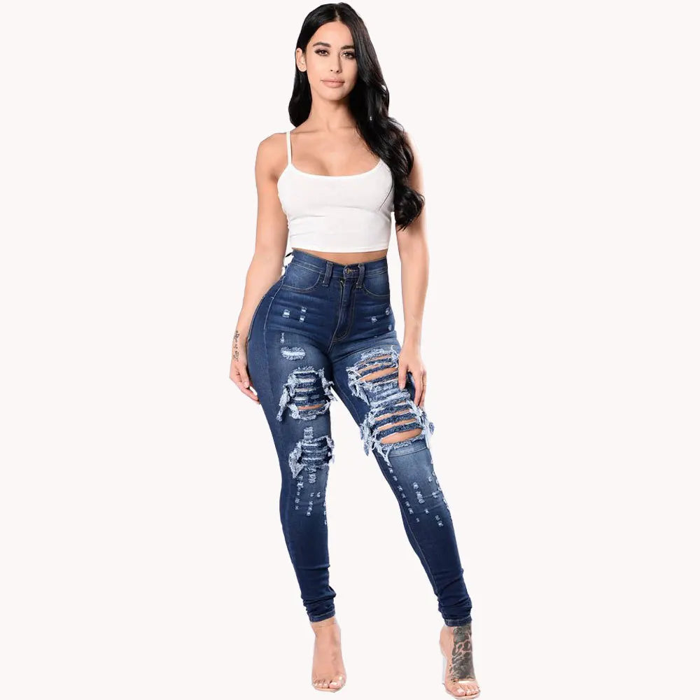 Jeans taille haute déchiré pour femmes