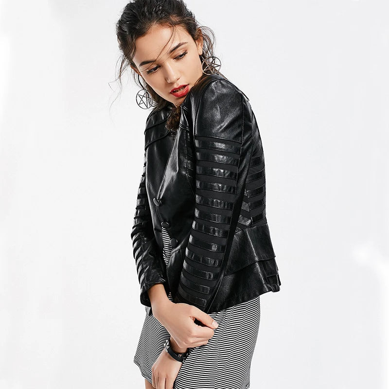 Veste en cuir pour femmes à manches longues Patchwork noir