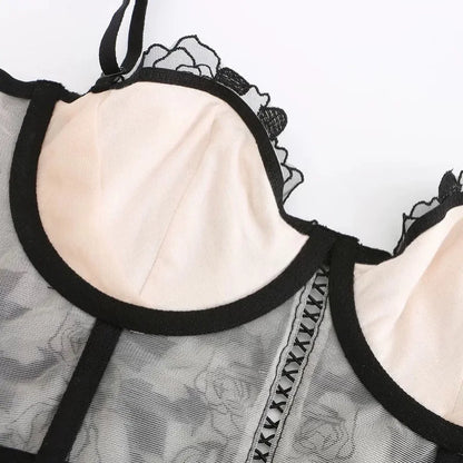 Ensemble de Lingerie française Sexy en dentelle Rose brodée, soutien-gorge Push Up, Bralette fine, haut et culotte