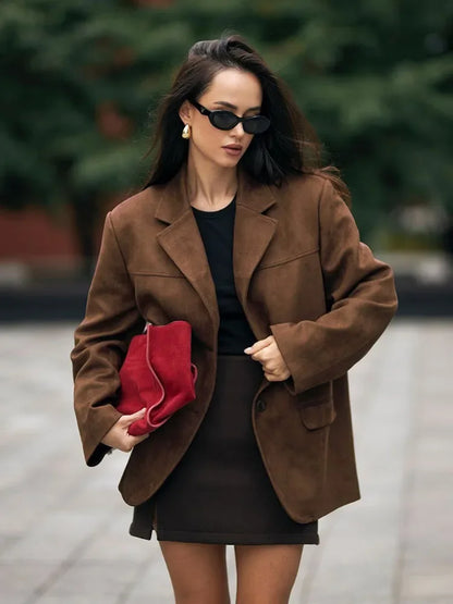 Veste Rétro Marron à Revers avec Poche pour Femme