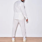 Ensemble deux pièces décontractée à manches longues et col montant en coton et chanvre pour hommes