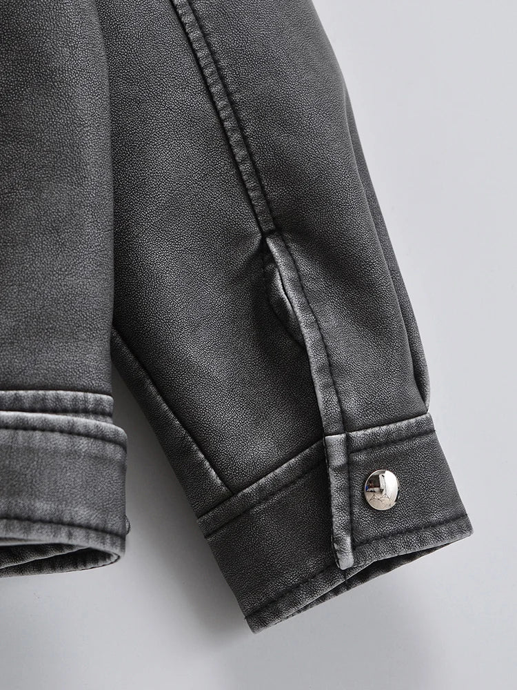 Veste  rétro en simili cuir fermeture éclair ceinture pour femmes