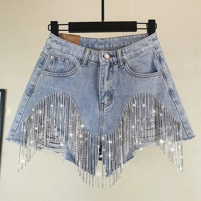 Short en jeans court pour femme taille haute diamant gland