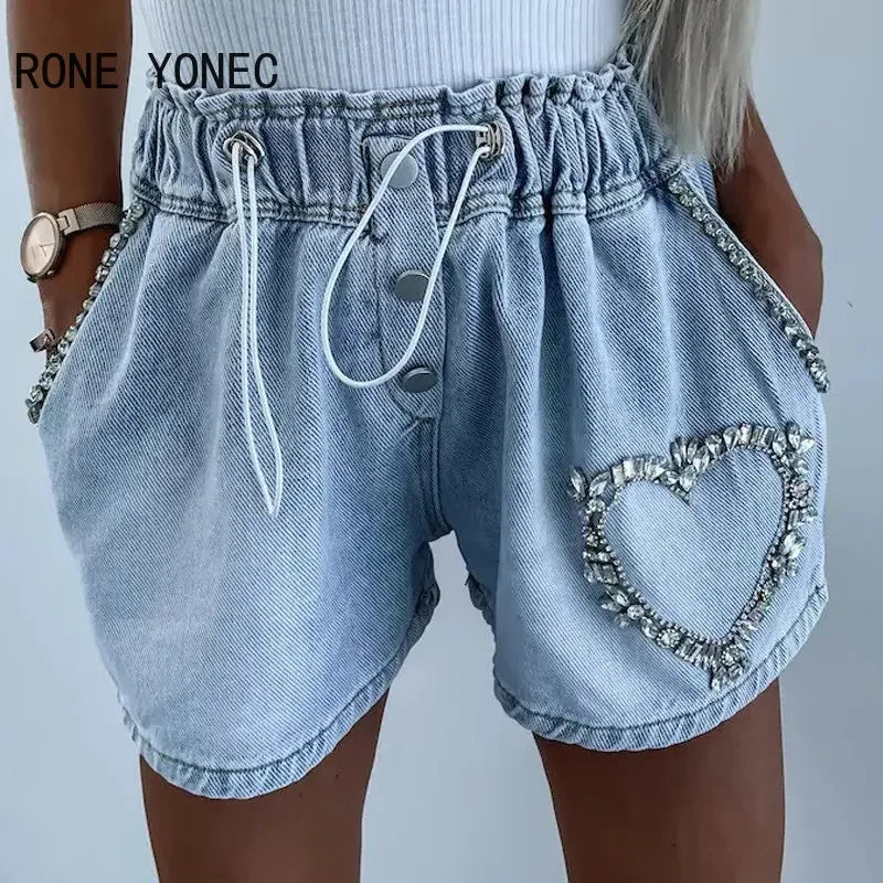 Short en jean décontracté pour femme avec strass et cœur, taille élastique