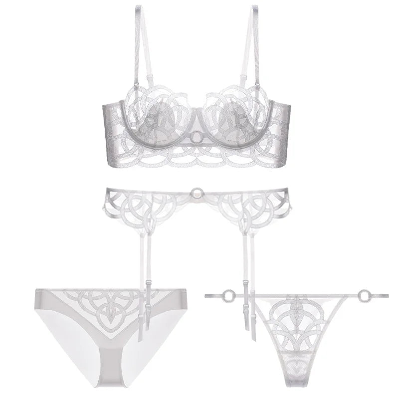 Ensemble 3 pièces soutien-gorge Push up + jarretières + string en dentelle transparent pour femmes
