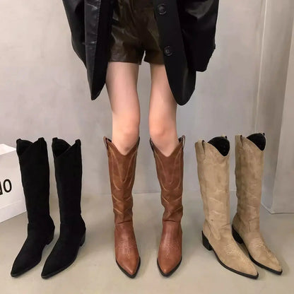 Bottes de cowgirl à enfiler pour femmes, talon bas carré élégant,  hauteur au genou