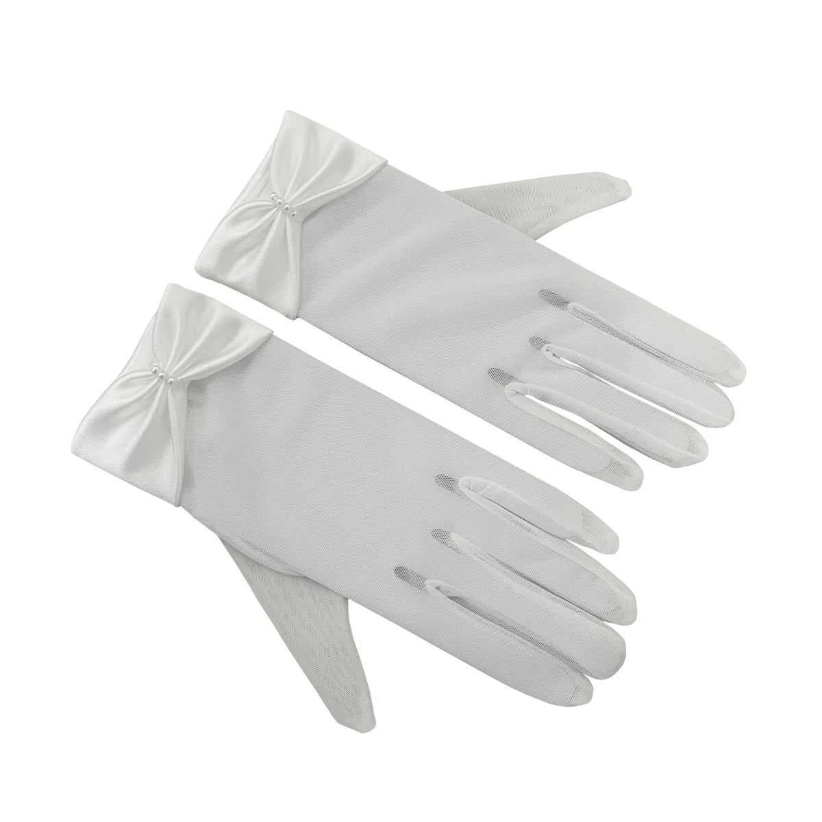 Gants blancs faits à la main en filet élastique pour femmes, gants courts de poignet, nœud en perles de satin