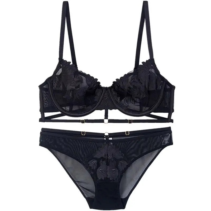 Ensemble culotte et soutien gorge à sangles en maille brodées françaises, ultra-minces pour femmes
