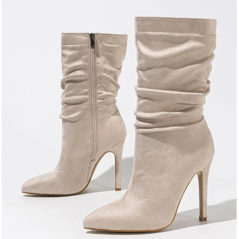 Bottines de haute qualité plissé pour femmes talons aiguilles