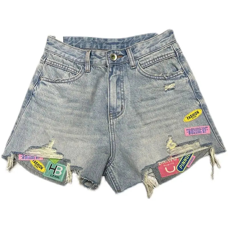 Short en jean déchiré à patchwork de couleurs pour femme