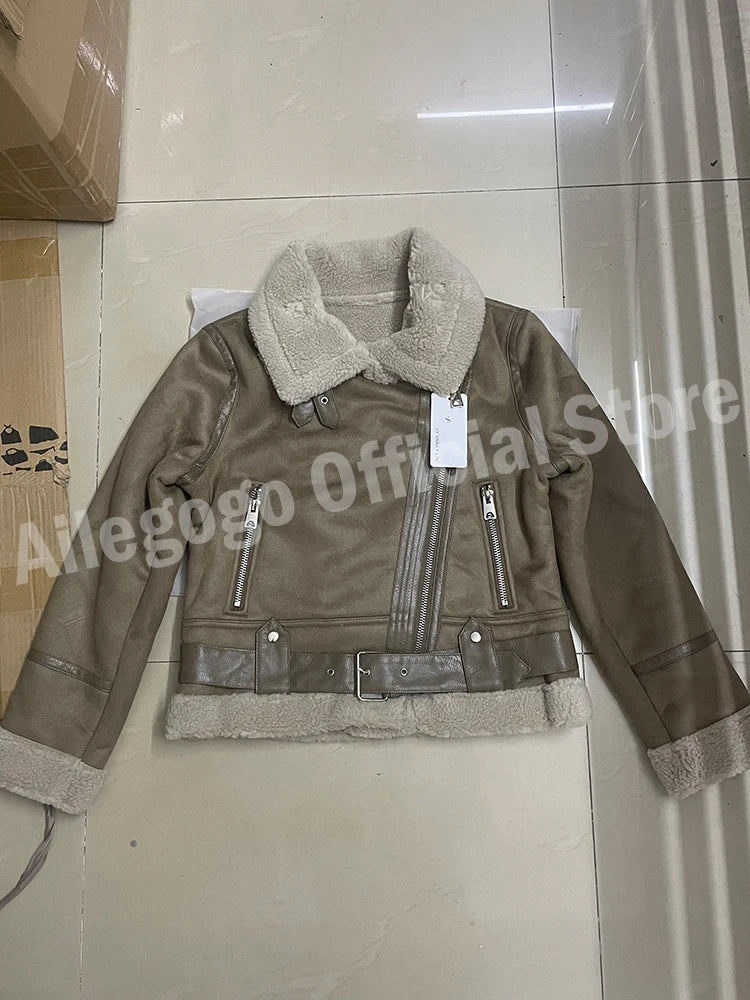 veste en fausse peau de mouton en cuir épais chaud daim agneaux pour femmes