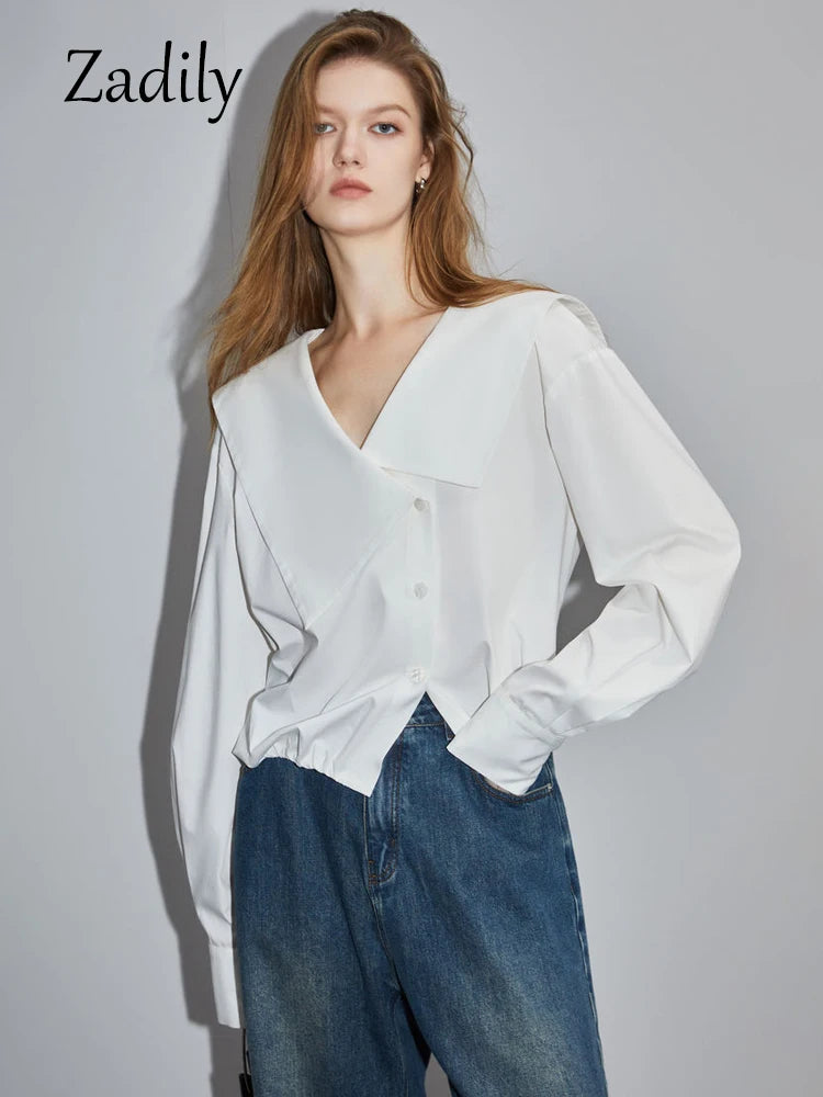 Chemise blanche en coton à manches longues pour femme, boutonnée, courte