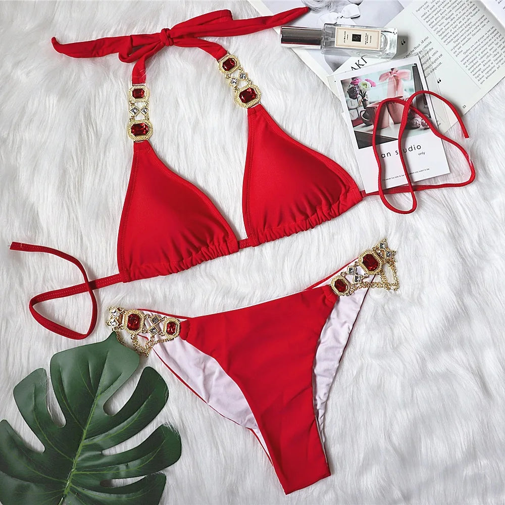 Maillot de bain deux pièces imprimé léopard pour femme, bikini sexy en cristal et biscuits