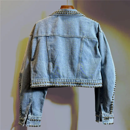 Veste cardigan courte en jean bleu ample à grandes poches pour femme