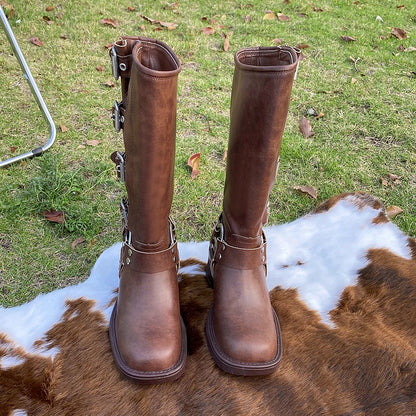 Bottes en jean rétro marron avec boucle de ceinture pour femme