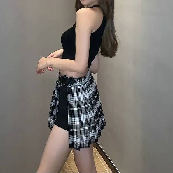 Jupes plissées boutonnée sur le côté à carreaux pour femmes