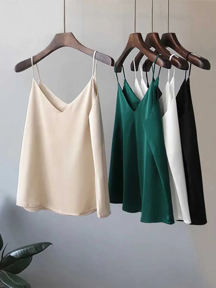 Débardeurs Camisole en mousseline de soie à col en V pour femme, haut à licou sexy